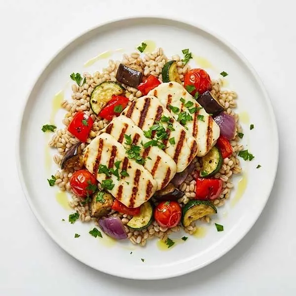 Grilled Halloumi with Pearl Barley & Mediterranean Veggies
